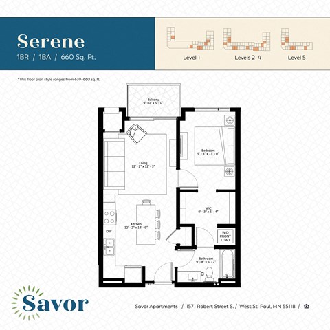 Floor plan for 1 bed, 1 bath, 695 sqft